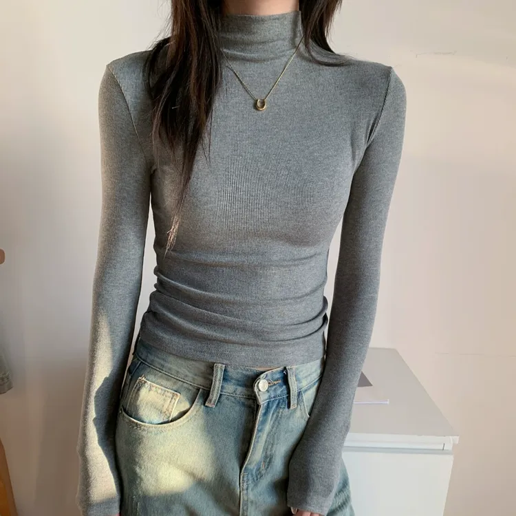 2025秋冬季半高领打底衫长袖t恤女正肩磨毛薄绒褶皱修身收腰上衣