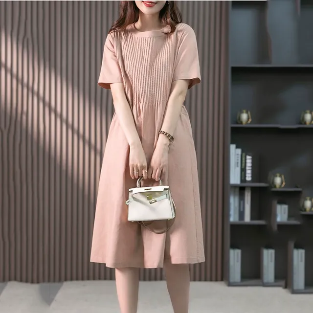 2025夏季新款气质纯色亚麻短袖连衣裙女宽松遮肚休闲风琴褶中长裙