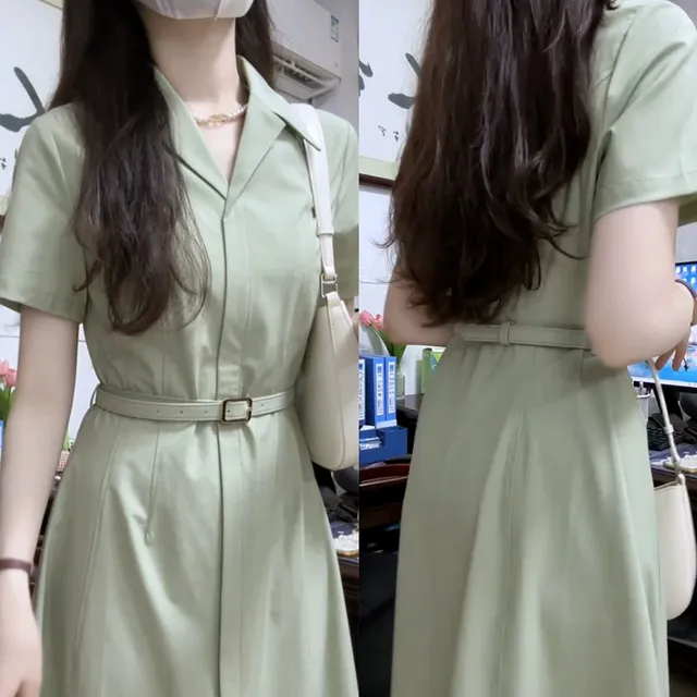 法式绿色衬衫连衣裙子女夏季2025新款爆款学院风气质通勤穿搭长裙