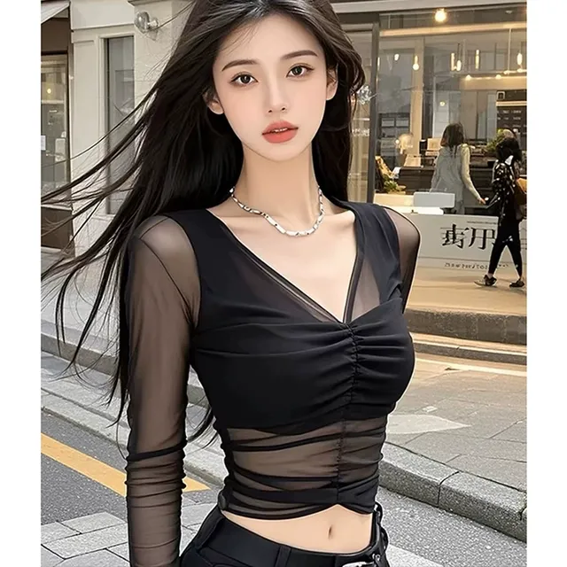 夏季黑色V领网纱短款上衣时尚纯欲风性感V领T恤女长袖打底衫内搭