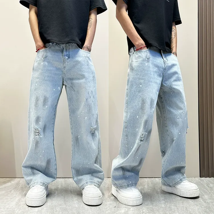 设计感男士新款涂鸦破洞牛仔裤夏薄款宽松直筒阔腿裤美式街头长裤