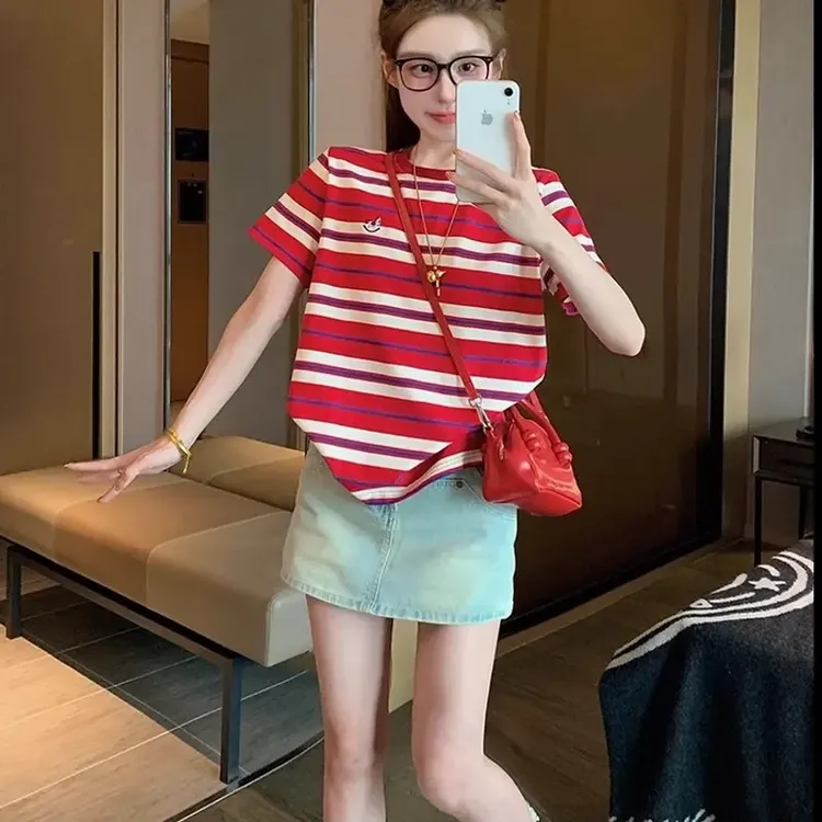 红色条纹短袖T恤女2025新款夏美式复古宽松休闲正肩刺绣上衣9663