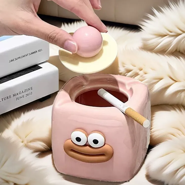 创意烟灰缸带盖客厅家用陶瓷防飞异味家居可爱摆件个性潮流烟缸X