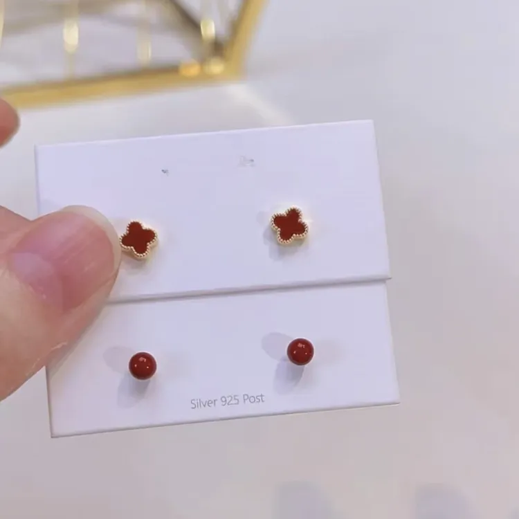 铜合金耳饰 红色花朵四件套耳钉女款小众轻奢高级感耳环小巧耳饰