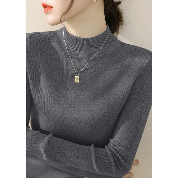 深灰色半高领毛衣长袖针织衫女秋冬新款修身气质内搭打底上衣女装