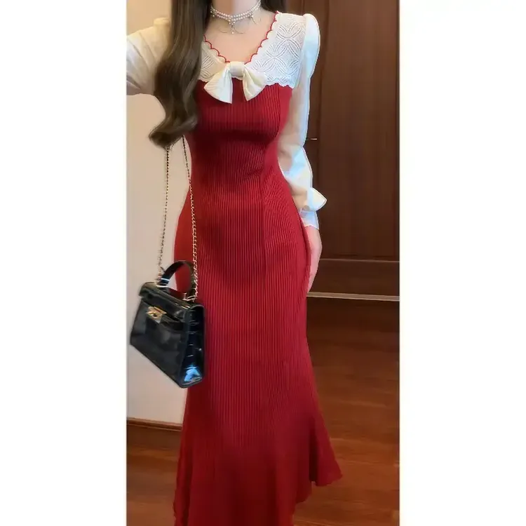 【樱桃甜酒】法式蕾丝蝴蝶结针织连衣裙女秋冬温柔气质修身鱼尾长裙