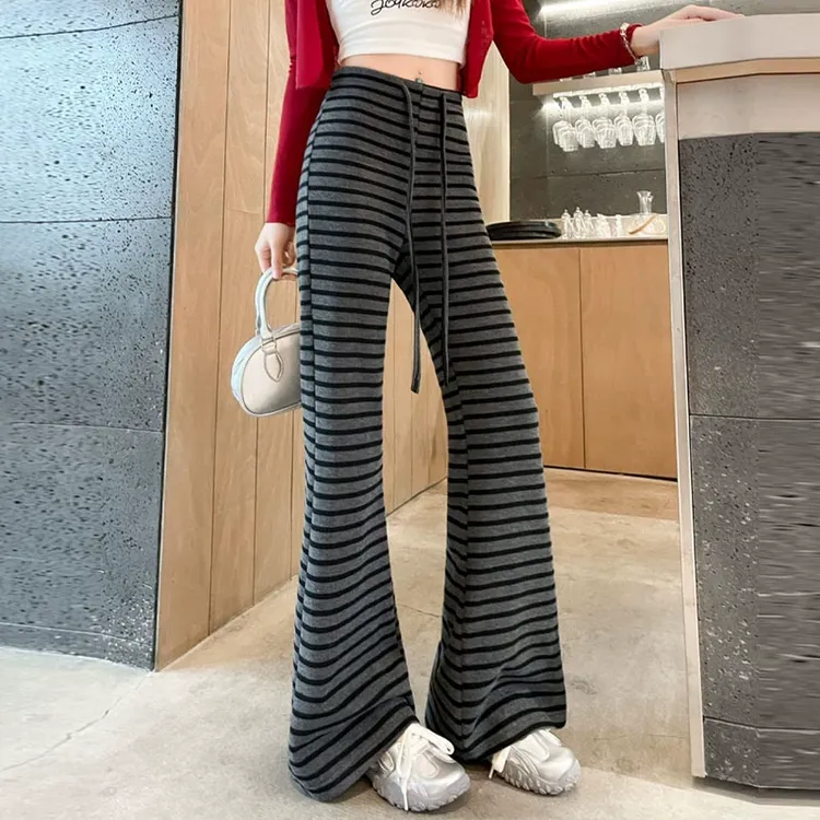 慵懒条纹针织微喇阔腿裤女春夏新款高腰垂感糯米裤抽绳运动喇叭裤