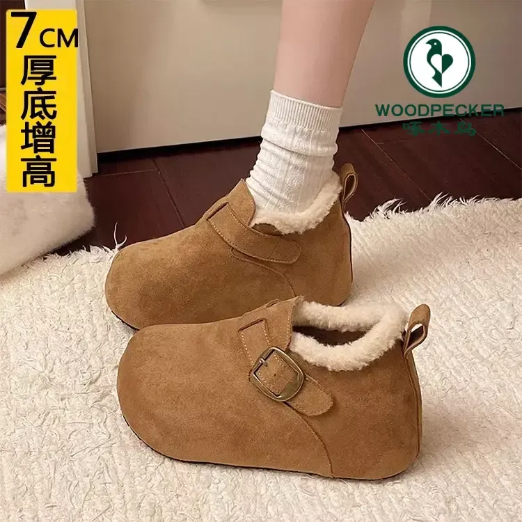 啄木鸟冬季乐福鞋厚底内增高7小个子加绒勃肯鞋女保暖雪地靴棉鞋
