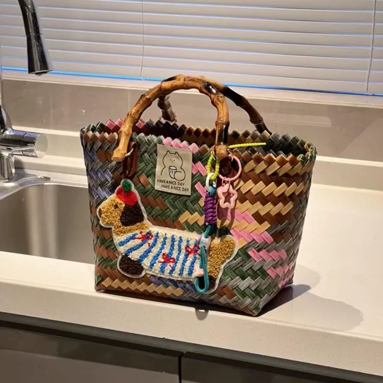 复古条纹腊肠狗狗编织菜篮子手提包2024新款通勤包托特包手拎包女