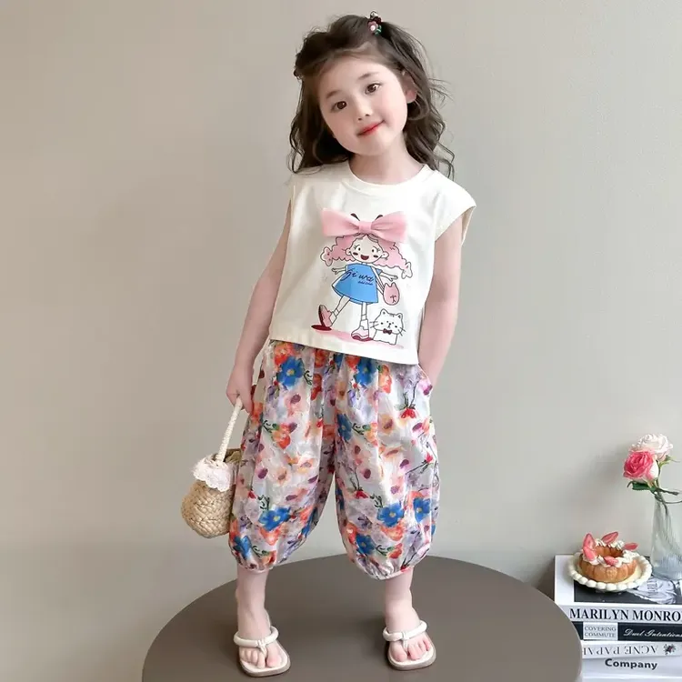 女小童防蚊裤套装夏季2025新款宝宝卡通背心夏装小女孩甜美两件套