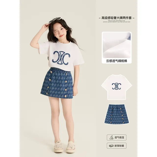 Amybaby女童套装夏季2025新款白色短袖T恤港味复古牛仔半身裙