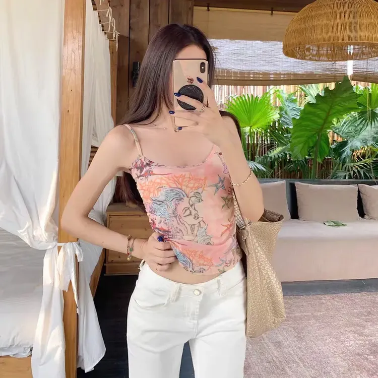 纯欲复古印花吊带背心搭配蕾丝开衫外套女夏季薄款碎花显瘦百搭