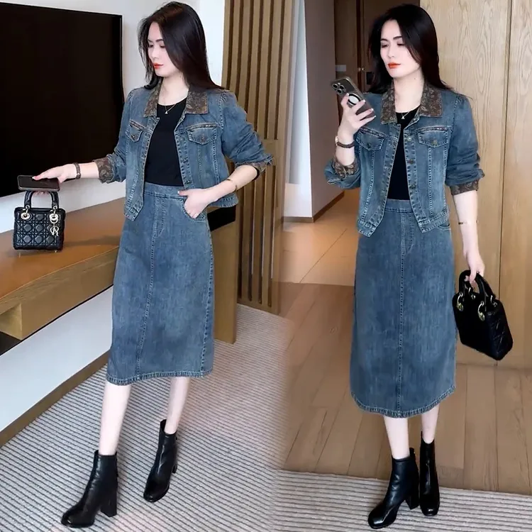 时尚休闲牛仔套装裙女2025秋季新款洋气显瘦短款外套半身裙两件套