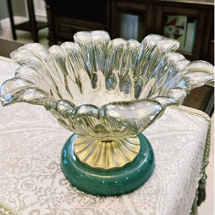 【2025新款】陶瓷花瓣水晶玻璃水果盘欧式茶几餐桌装饰糖果零食盘