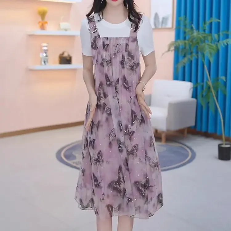 夏季背带高级感连衣裙2025新款女洋气质轻奢高端小个子假两件套装