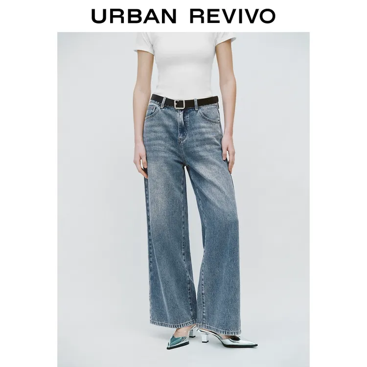UR2025春季新品女装欧若风复古水洗腰带阔腿牛仔长裤UWM850070