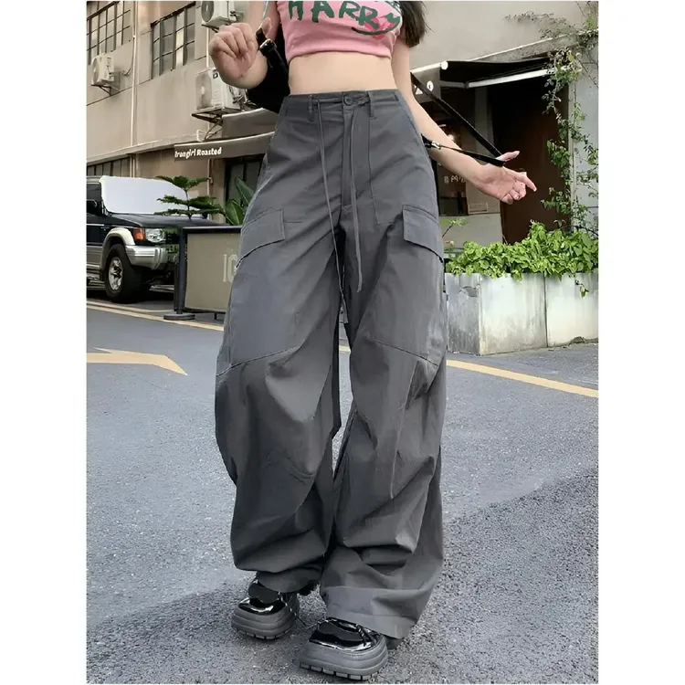 早秋美式街头高腰工装裤设计感伞兵裤运动显瘦宽松百搭直筒阔腿裤