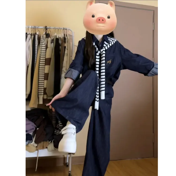 2025秋冬新款法式衬衫上衣女披肩老钱风弛感休闲宽松阔腿裤两件套