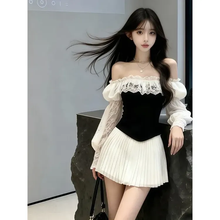 轻奢显瘦日常通勤极简风撞色一字肩露肩蕾丝长袖高腰百褶连衣裙女