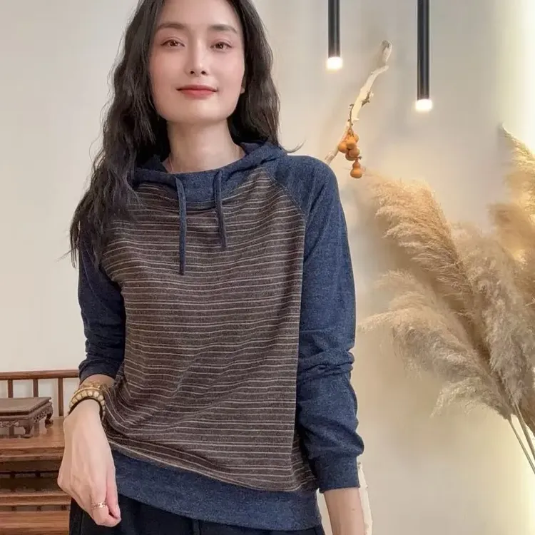 25776-显瘦秋季条纹套头款连帽卫衣时尚毛衫上衣宽松针织运动户外