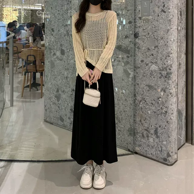 小个子时尚套装女2025秋季新款气质显瘦镂空针织罩衫吊带裙两件套