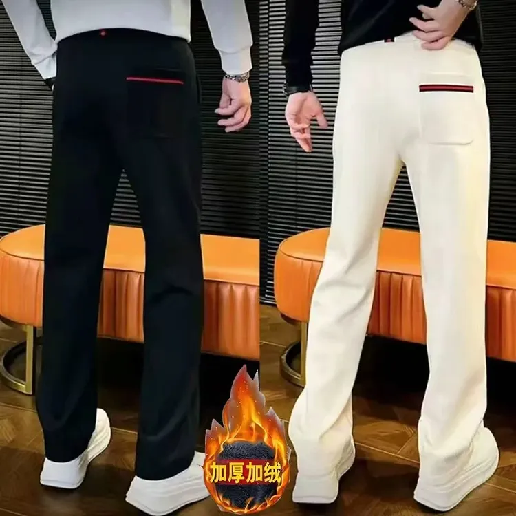 男士痞帅潮男裤子秋冬新款休闲长裤男士加绒加厚保暖直筒休闲裤