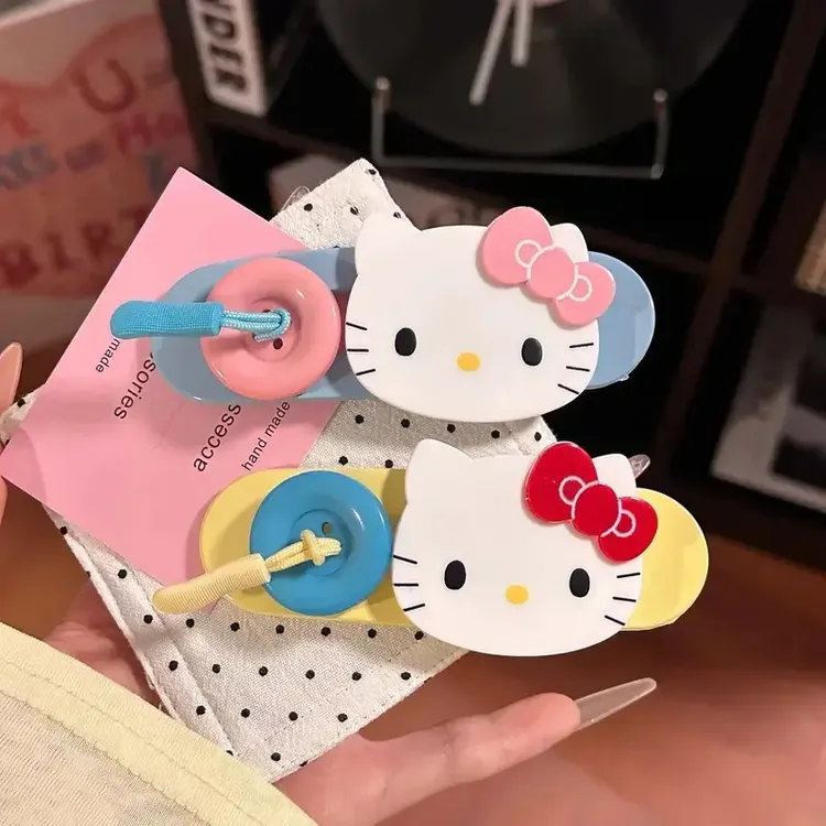 少女心撞色KT猫咪纽扣发夹大号鸭嘴夹简约盘发甜美百搭日韩边夹子