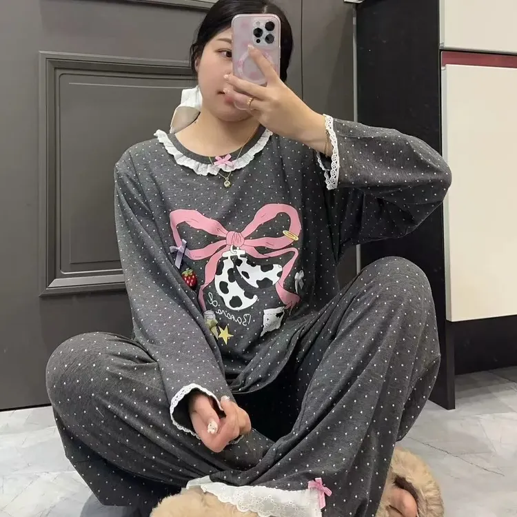 韩版可爱蝴蝶结印花波点长袖长裤棉质大码睡衣可外穿家居服套装
