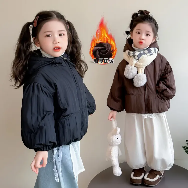 女童连帽外套2025新款儿童秋冬装韩版潮款小童女宝宝冬季夹棉上衣