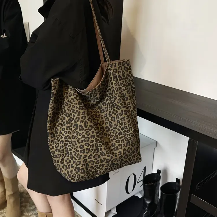 2026春日大容量包豹纹帆布包ins休闲慵懒风女百搭托特单肩斜挎包