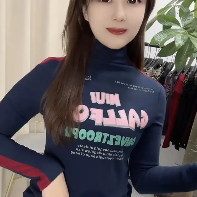 洋气撞色拼接高领磨毛长袖打底衫秋冬时尚百搭修身显瘦女T恤上衣