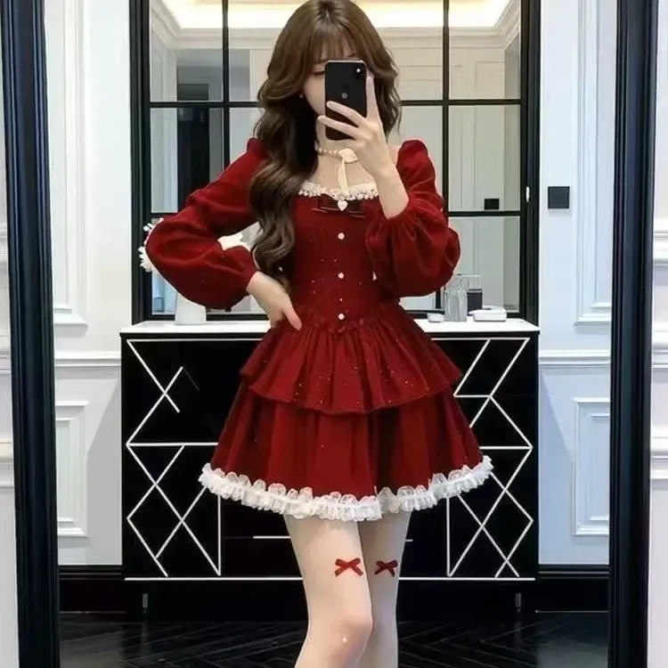 微胖法式甜美蝴蝶结丝绒连衣裙女25年秋冬季收腰圣诞新年蓬蓬裙女