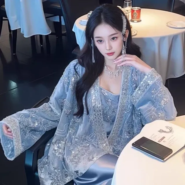 MOSS梵月清梦/真丝新中式外套女春季新款时尚刺绣重工丝绒套装