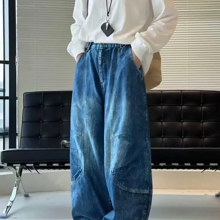 美式复古弯刀设计感宽松阔腿牛仔裤秋冬新款百搭辣妹风