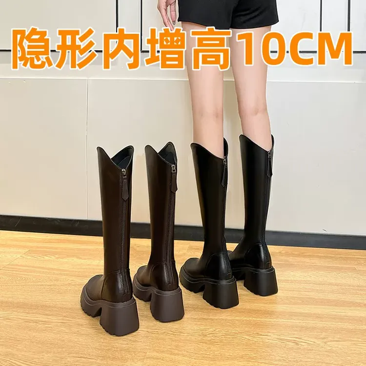 10厘米内增高长筒靴女小个子v口厚底高筒靴不过膝骑士长靴10公分