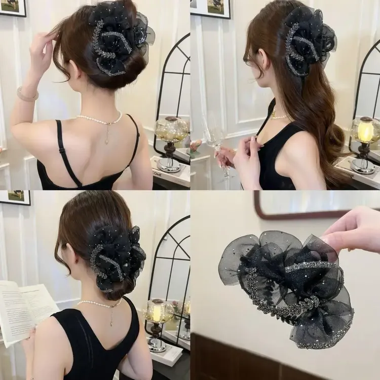 新款網紗流蘇蝴蝶氛圍感氣質款鯊魚夾百搭精緻優雅氣質時尚抓夾商品图
