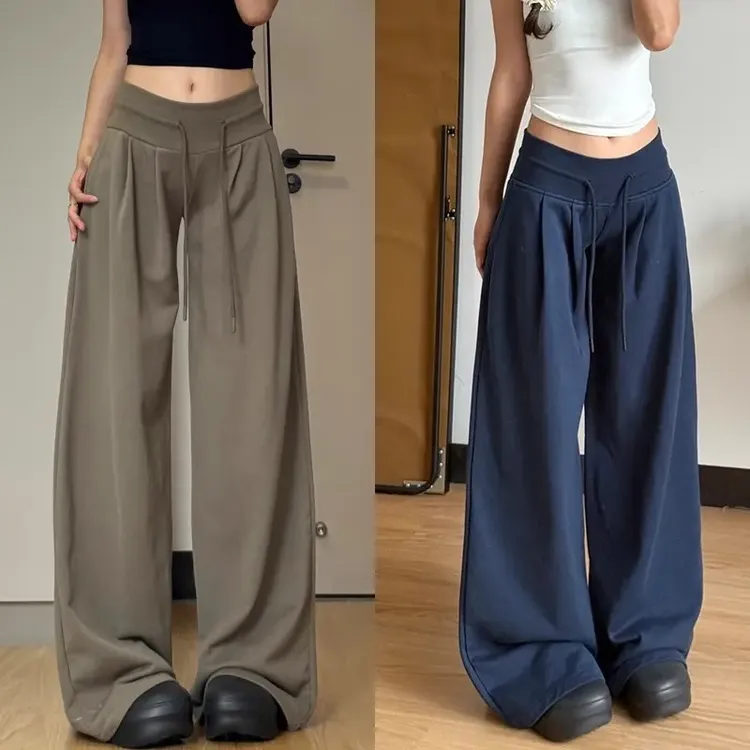 美式高腰抽绳运动裤女秋季新款高腰垂感宽松直筒显瘦休闲阔腿裤