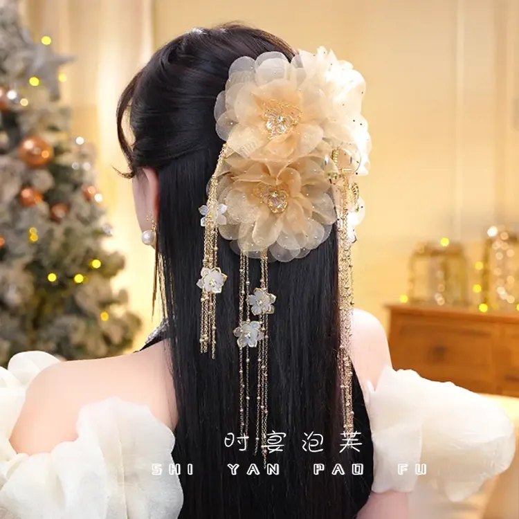 双生莲冬季新年款蝴蝶发饰花朵流苏抓夹高级感鲨鱼夹百搭头饰女