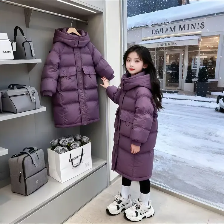 女童加厚棉衣2025冬季新款洋气棉袄中大童过膝中长款纯色连帽外套