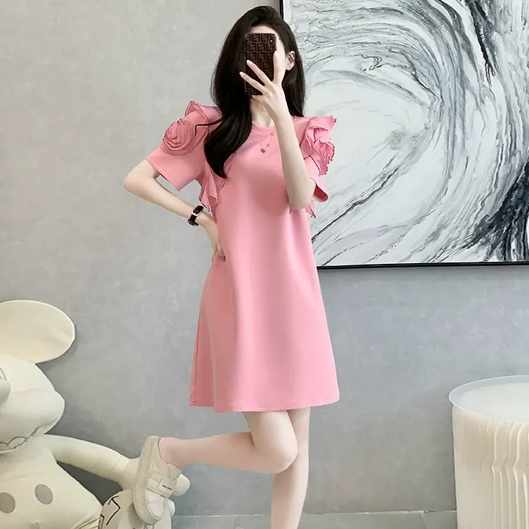 设计感休闲宽松连衣裙女夏季遮肚子减龄显瘦粉色法式气质t恤裙子