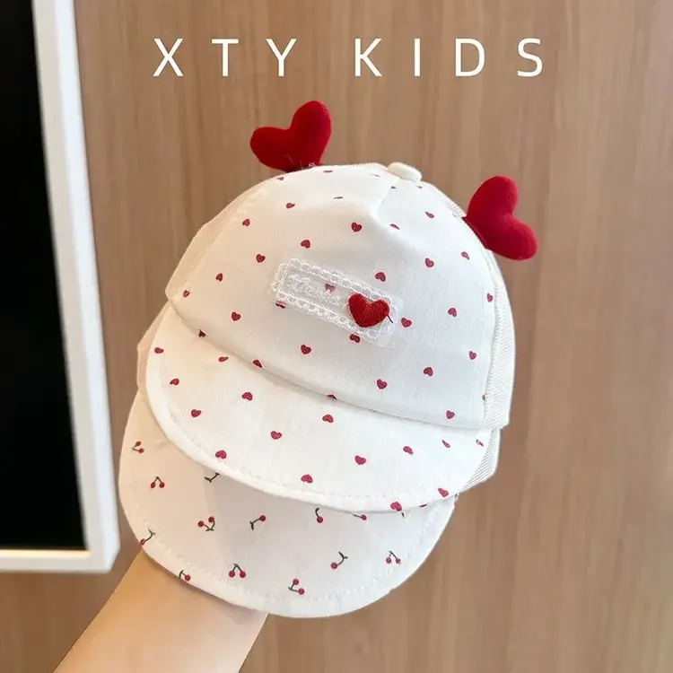 婴儿遮阳鸭舌帽夏季女宝宝防晒帽洋气外出网纱爱心樱桃新生儿帽男