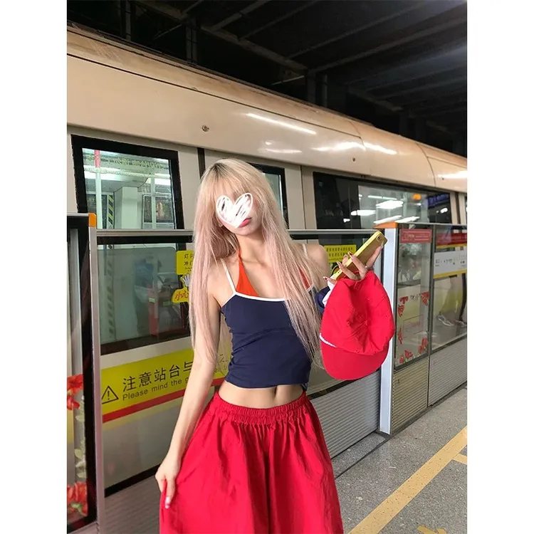 夏美式假两件挂脖吊带背心女辣妹上衣+纯色宽松休闲慵懒拖地长裤