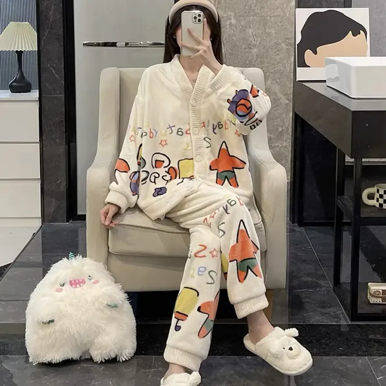 冬季派大星加绒加厚宽松V领开衫卡通睡衣套装