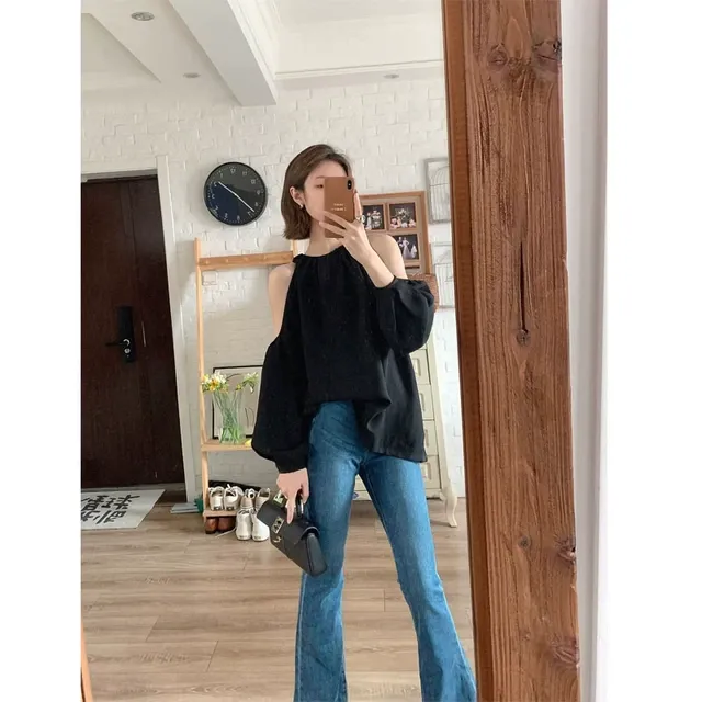 黑色露肩长袖衬衫女春季薄款设计感小众时尚洋气减龄别致独特上衣