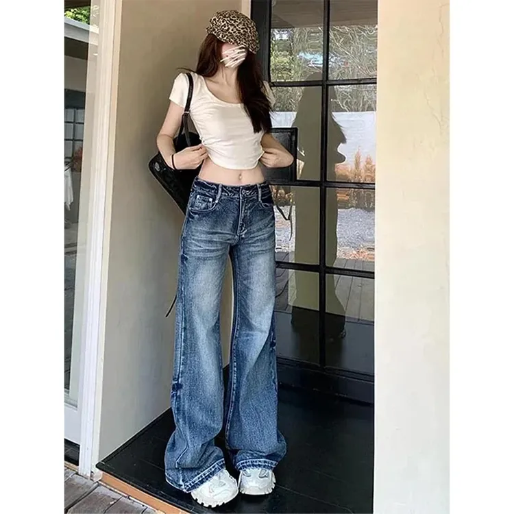 美式复古水洗直筒牛仔裤女2025春季新款高腰垂感显瘦阔腿拖地长裤