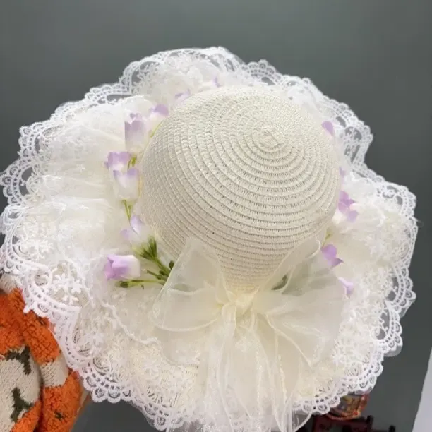 A80夏季甜美蝴蝶结波浪帽新款帽子洛丽塔田园风防晒遮阳沙滩帽