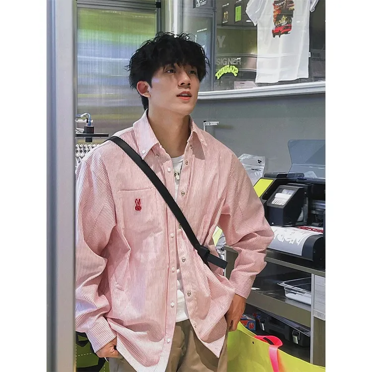 cleanfit粉色竖条纹长袖衬衫男春秋旋涡兔刺绣设计感休闲衬衣外套