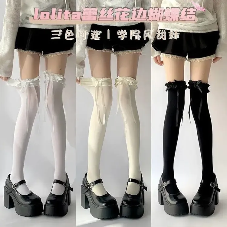 白色过膝袜夏季新款薄款高筒大腿袜子纯色花边蝴蝶结长筒袜