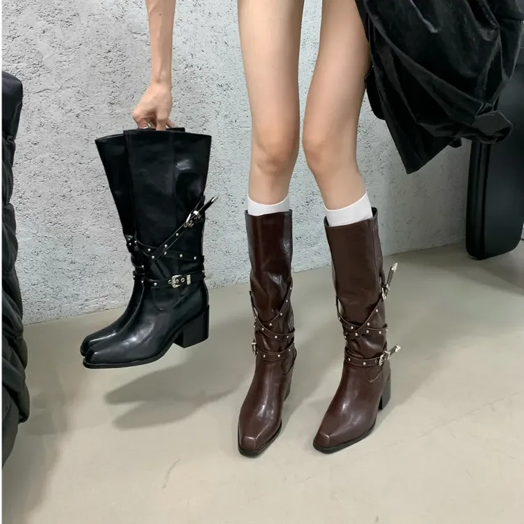 韩式时装靴皮带扣小个子粗跟高筒靴长靴子女不过膝高跟百搭骑士靴