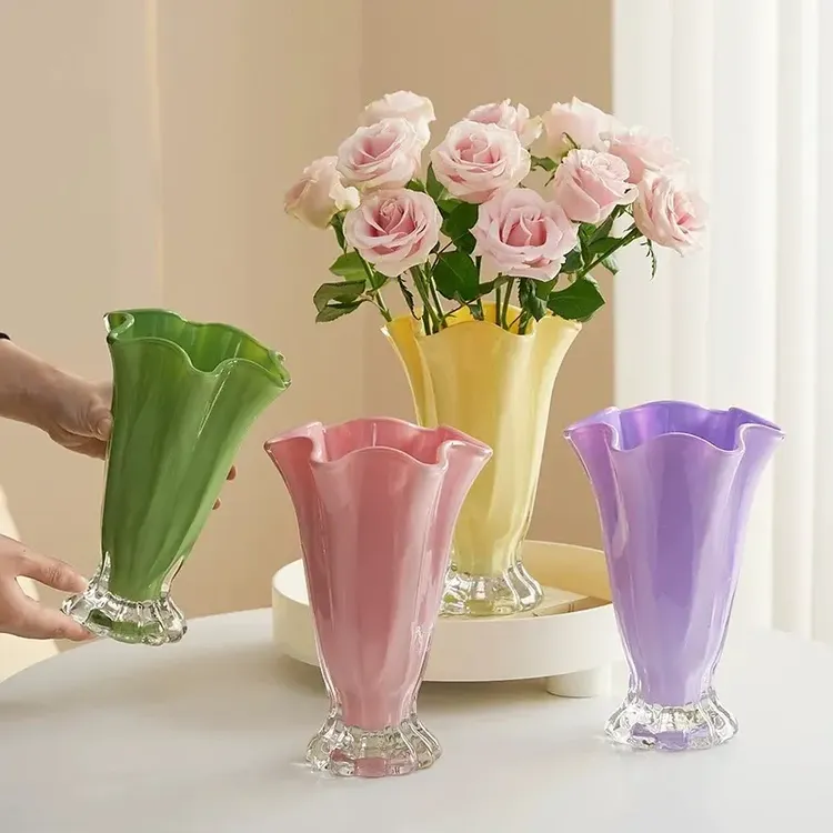 高颜值彩色玻璃花瓶法式轻奢风客厅鲜花插花花器